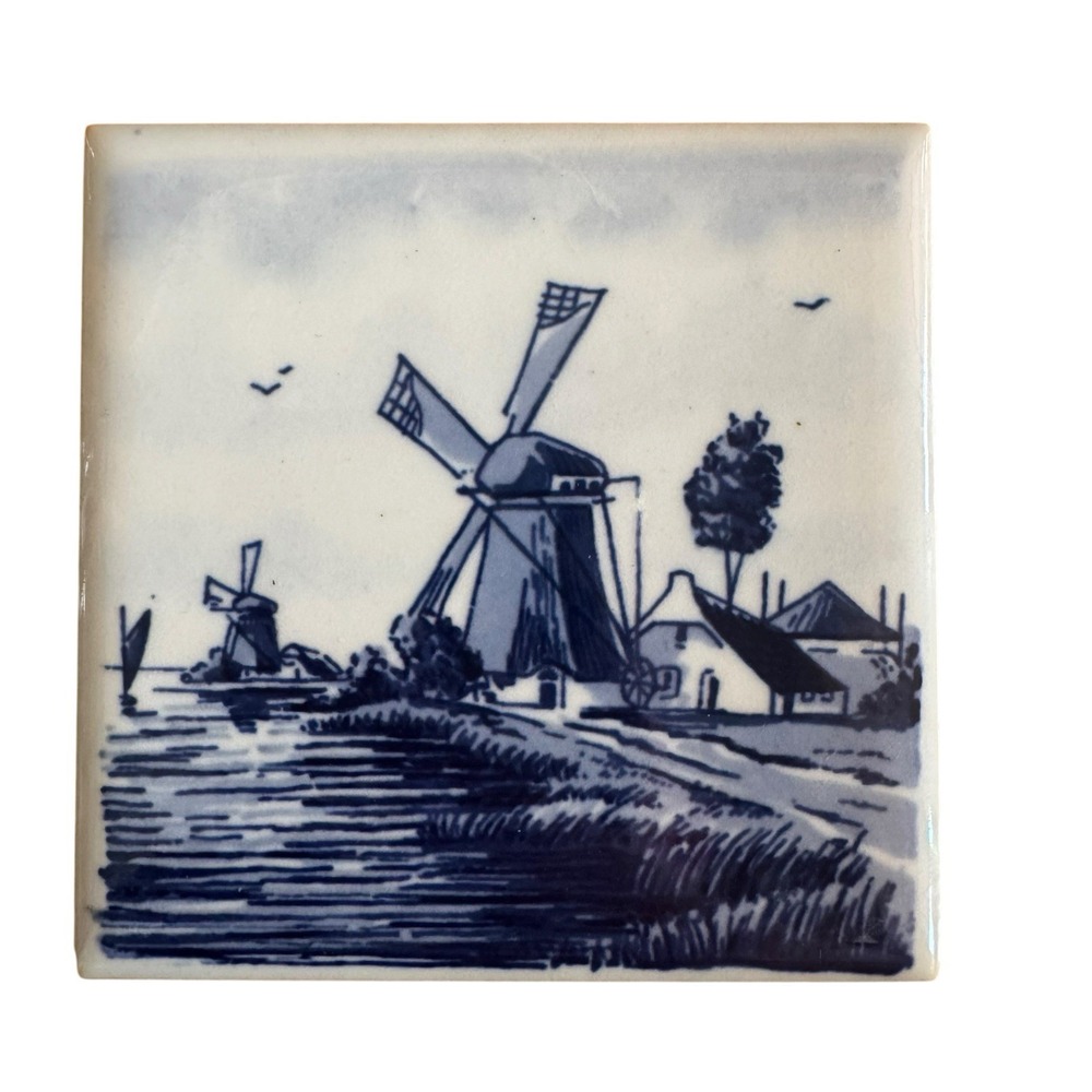 Vintage Delft Hand painted Holland Windmill Tile-3 Inch Square